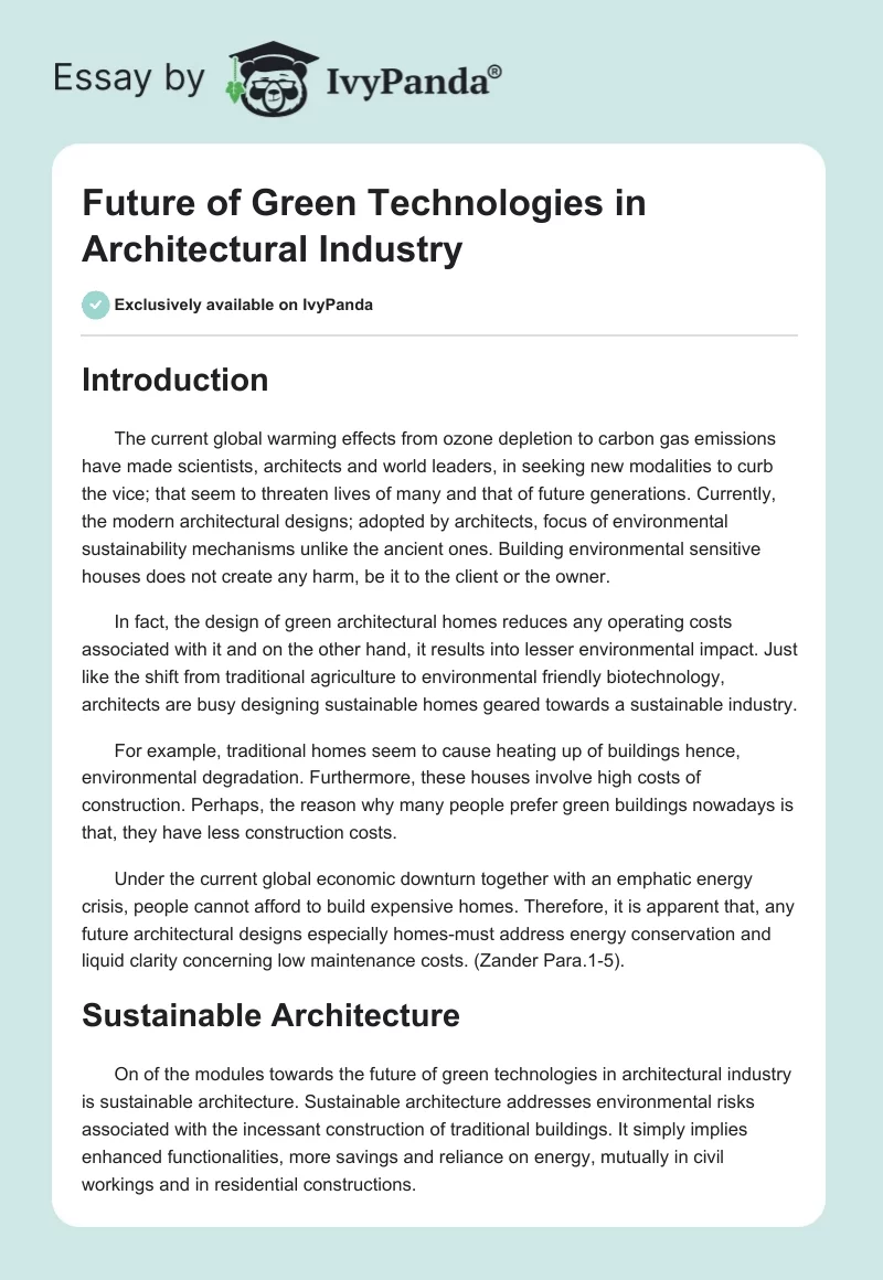 Future of Green Technologies in Architectural Industry. Page 1