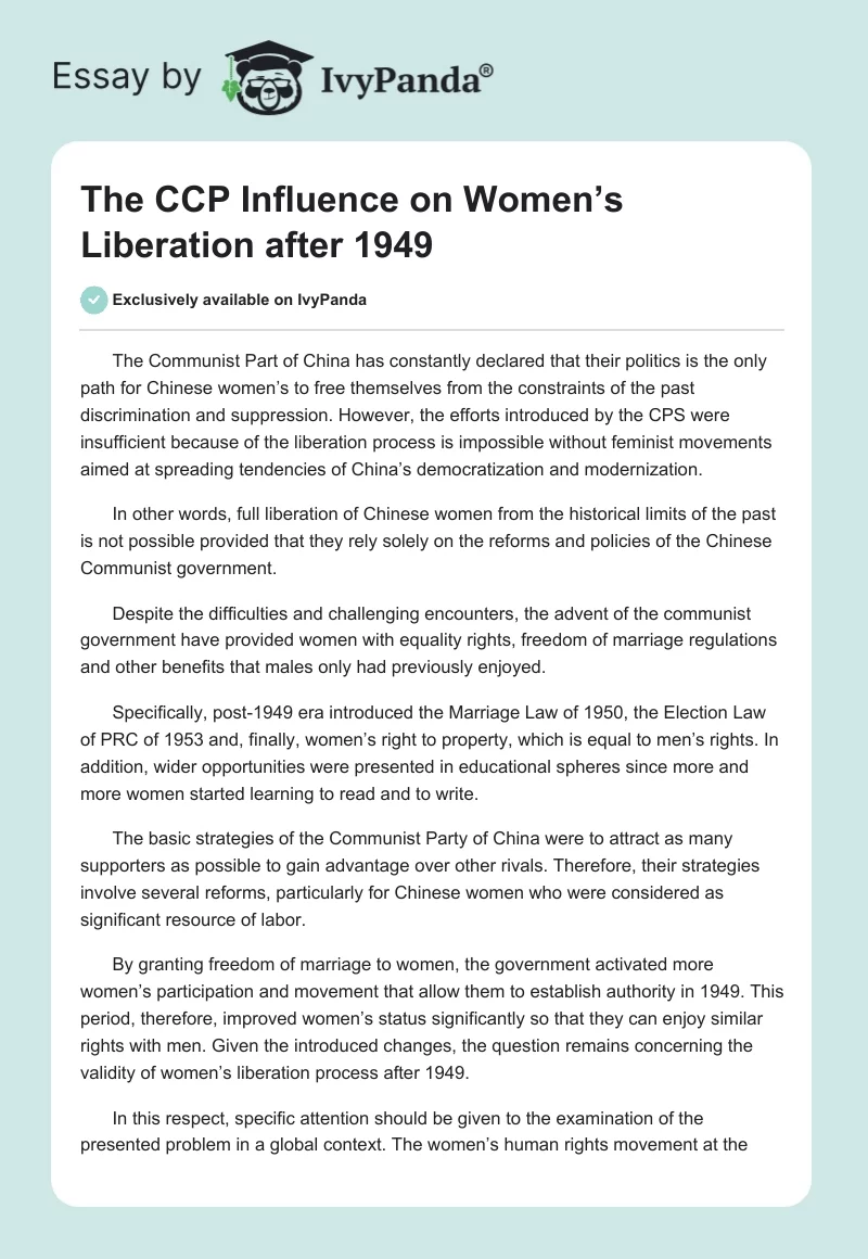 The CCP Influence on Women’s Liberation after 1949. Page 1