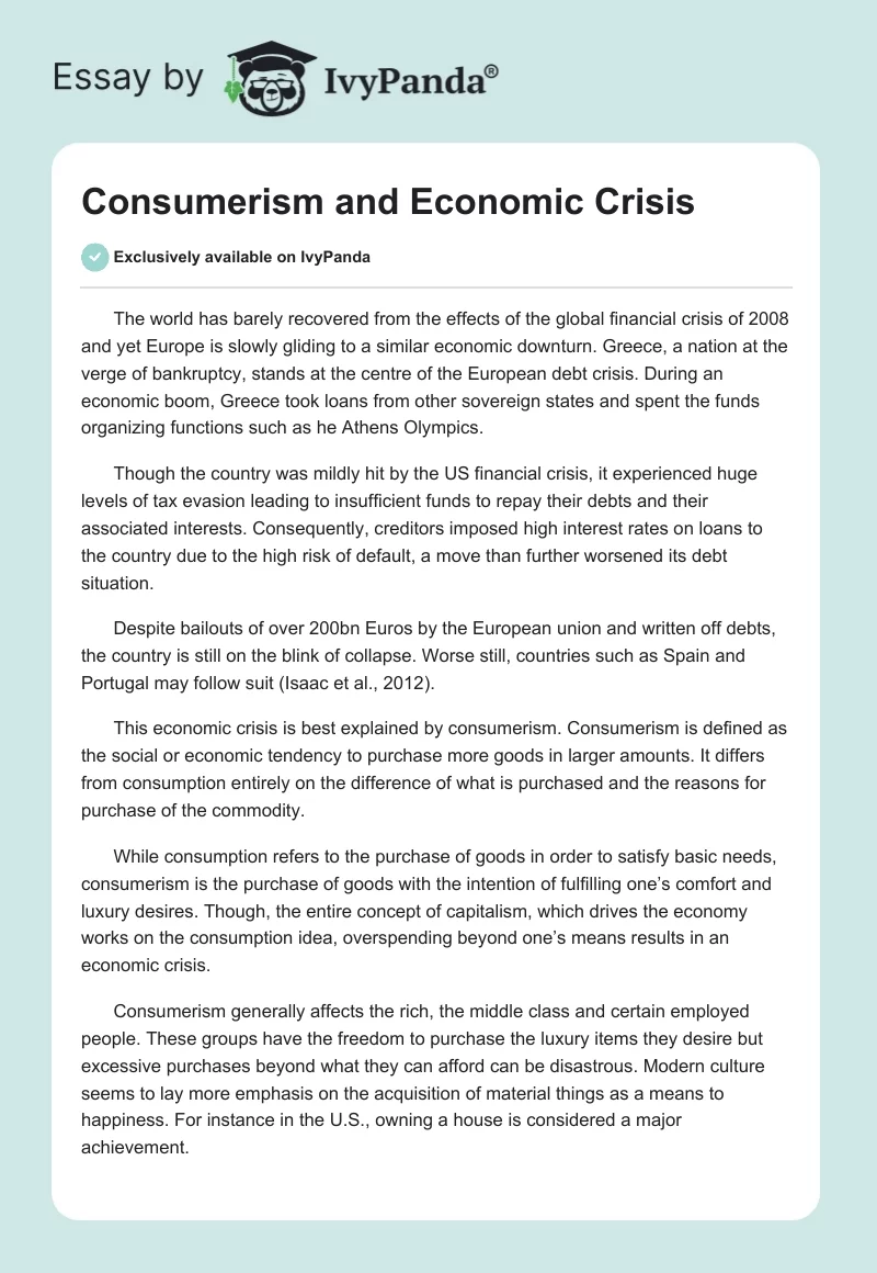Consumerism and Economic Crisis. Page 1