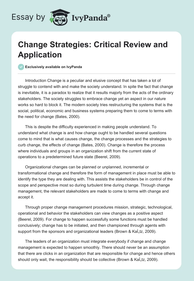 Change Strategies: Critical Review and Application. Page 1