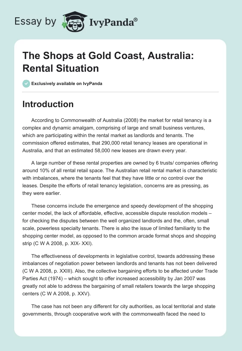 The Shops at Gold Coast, Australia: Rental Situation. Page 1