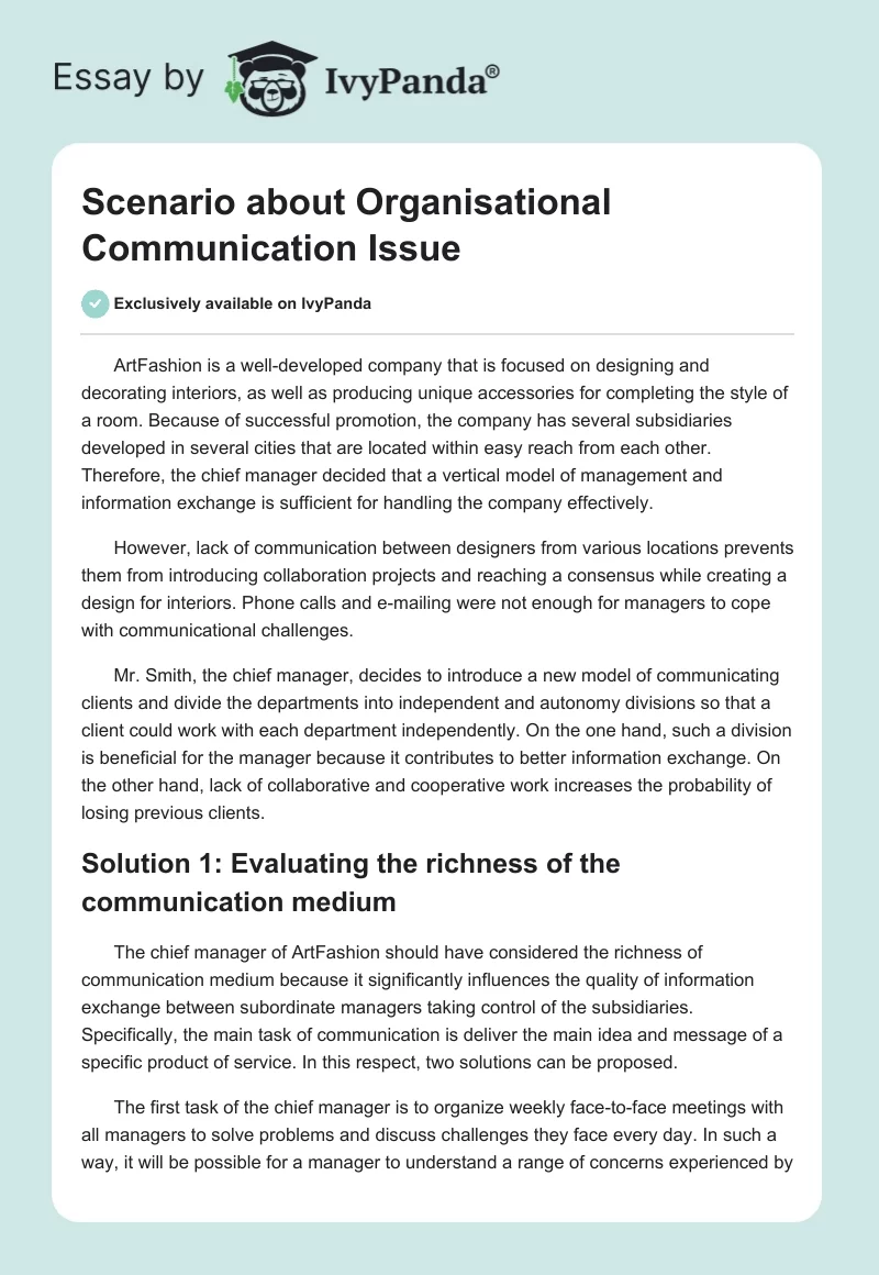 Scenario about Organisational Communication Issue. Page 1