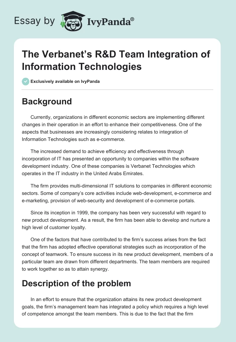 The Verbanet’s R&D Team Integration of Information Technologies. Page 1