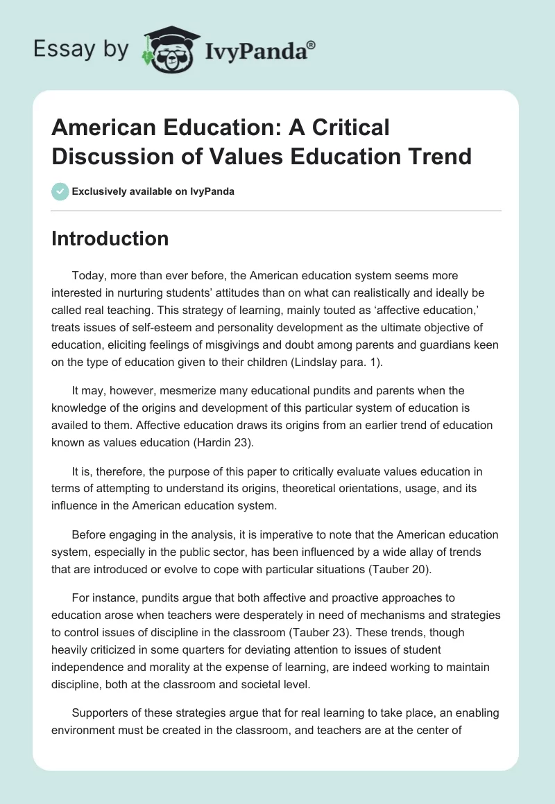 American Education: A Critical Discussion of Values Education Trend. Page 1