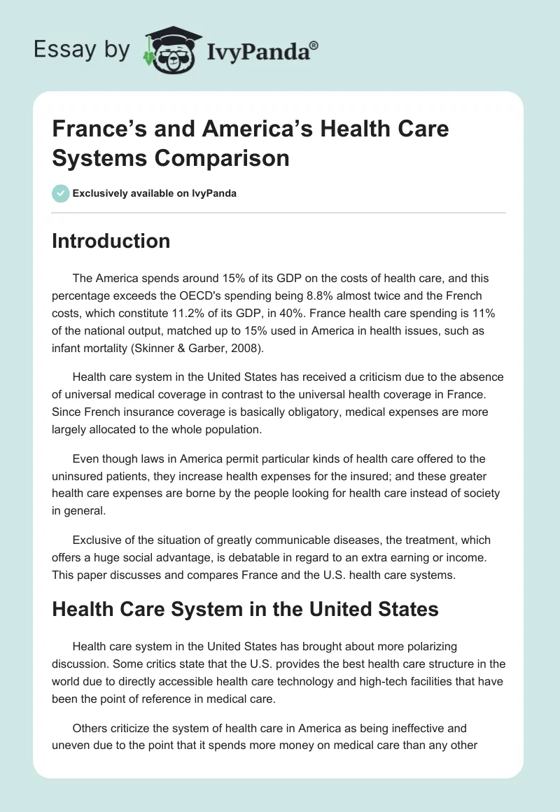 France’s and America’s Health Care Systems Comparison. Page 1