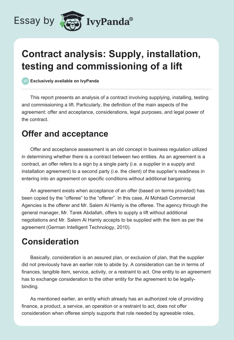 Contract analysis: Supply, installation, testing and commissioning of a lift. Page 1