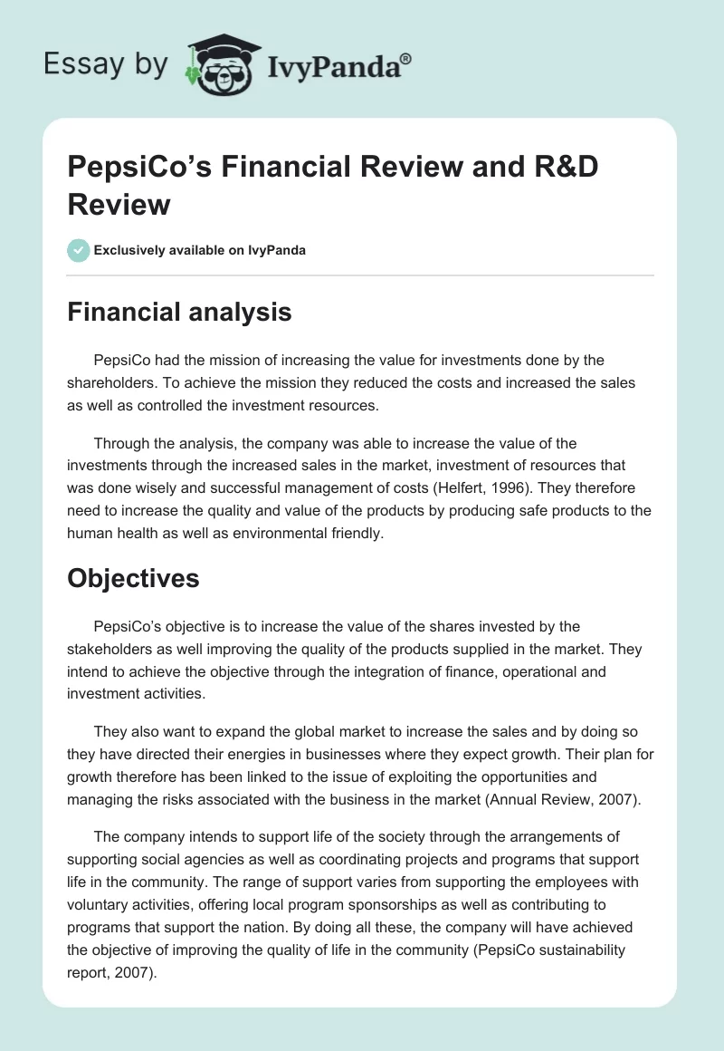 PepsiCo’s Financial Review and R&D Review. Page 1