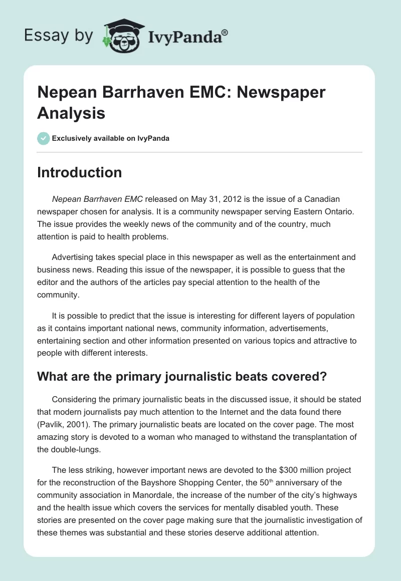 Nepean Barrhaven EMC: Newspaper Analysis. Page 1