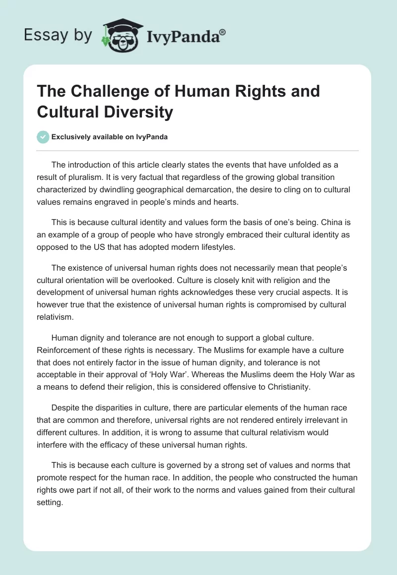 The Challenge of Human Rights and Cultural Diversity. Page 1