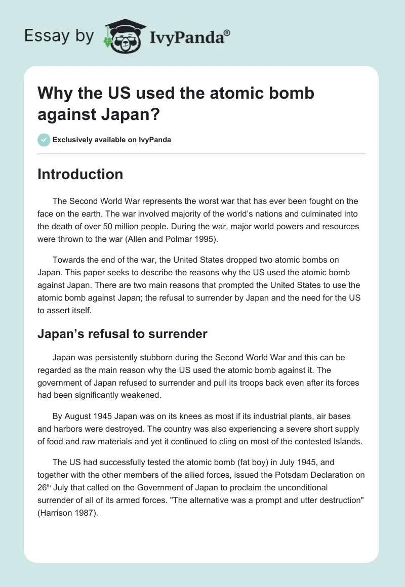 Why the US used the atomic bomb against Japan?. Page 1
