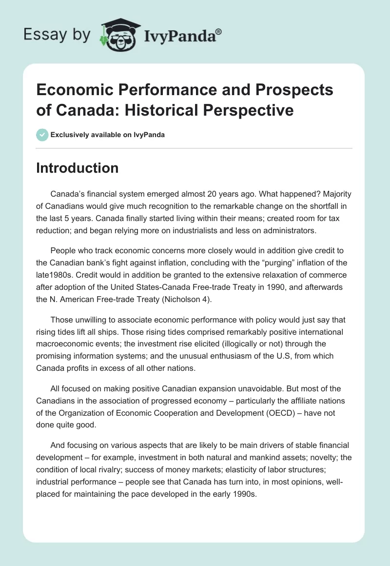 Economic Performance and Prospects of Canada: Historical Perspective. Page 1