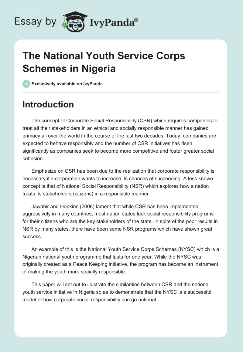The National Youth Service Corps Schemes in Nigeria. Page 1