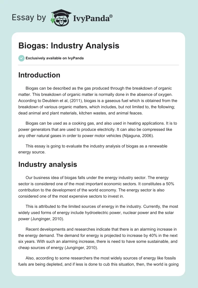 Biogas: Industry Analysis. Page 1