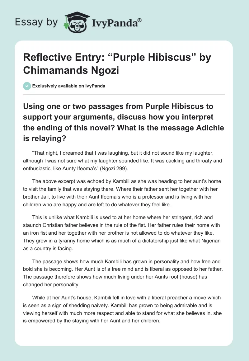 Reflective Entry: “Purple Hibiscus” by Chimamands Ngozi. Page 1