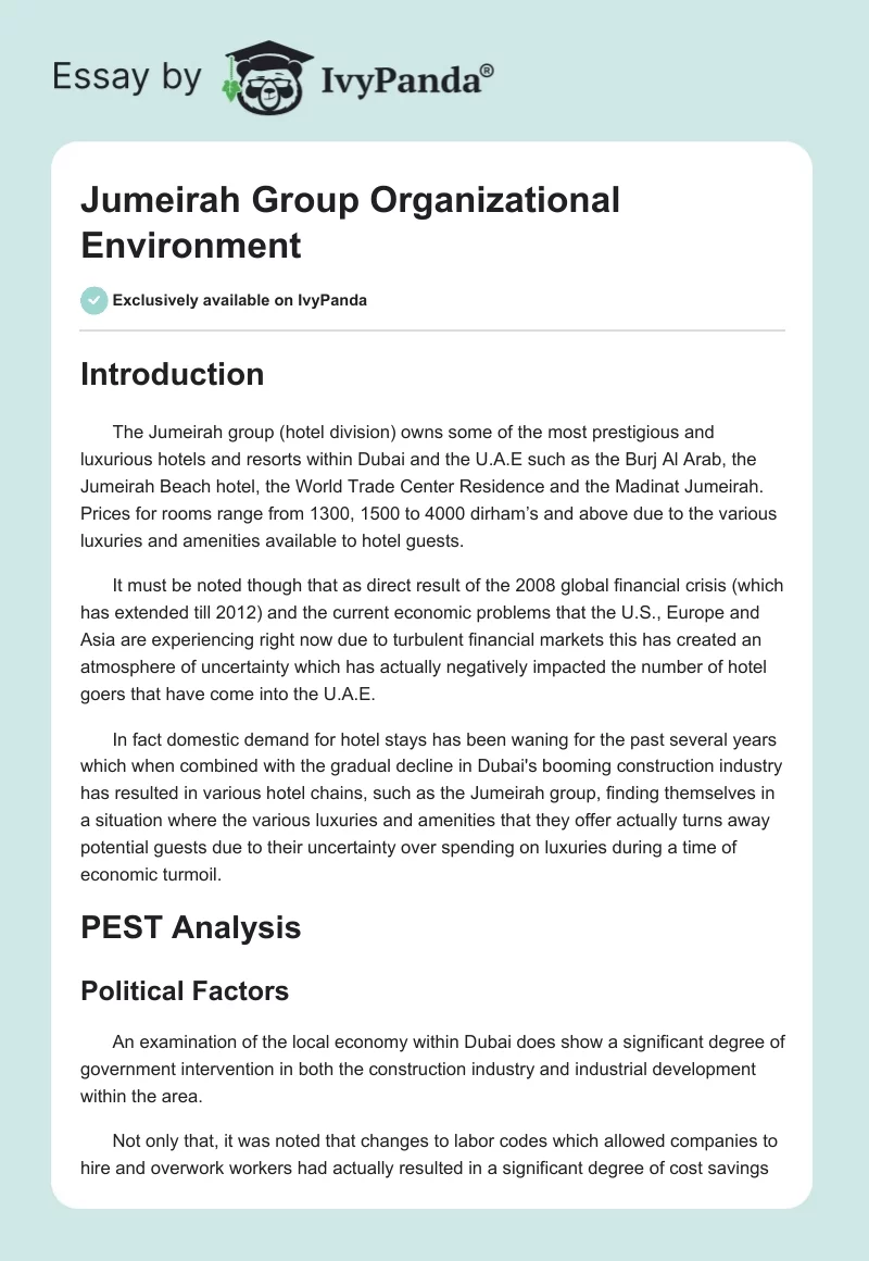 Jumeirah Group Organizational Environment. Page 1