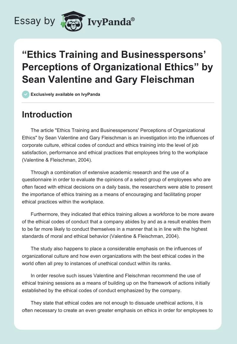 “Ethics Training and Businesspersons’ Perceptions of Organizational Ethics” by Sean Valentine and Gary Fleischman. Page 1