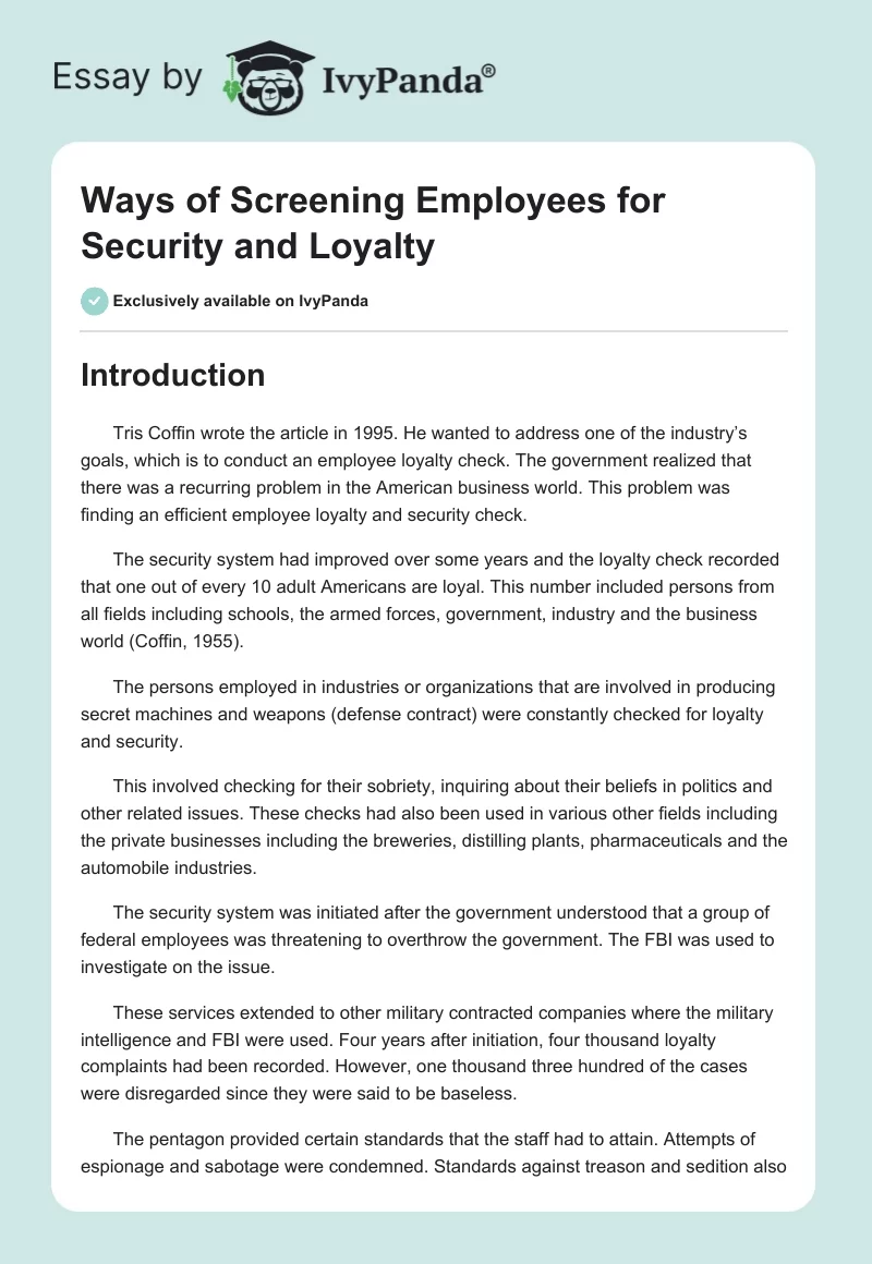 Ways of Screening Employees for Security and Loyalty. Page 1