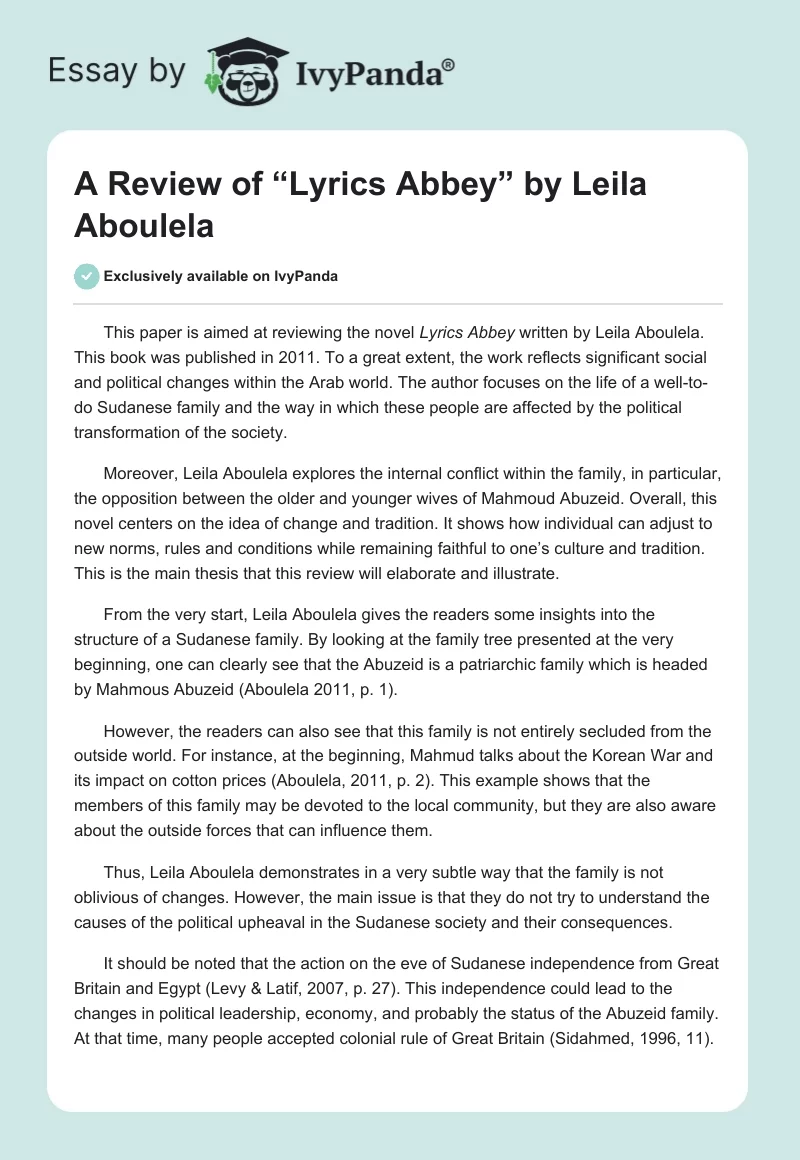 A Review of “Lyrics Abbey” by Leila Aboulela. Page 1