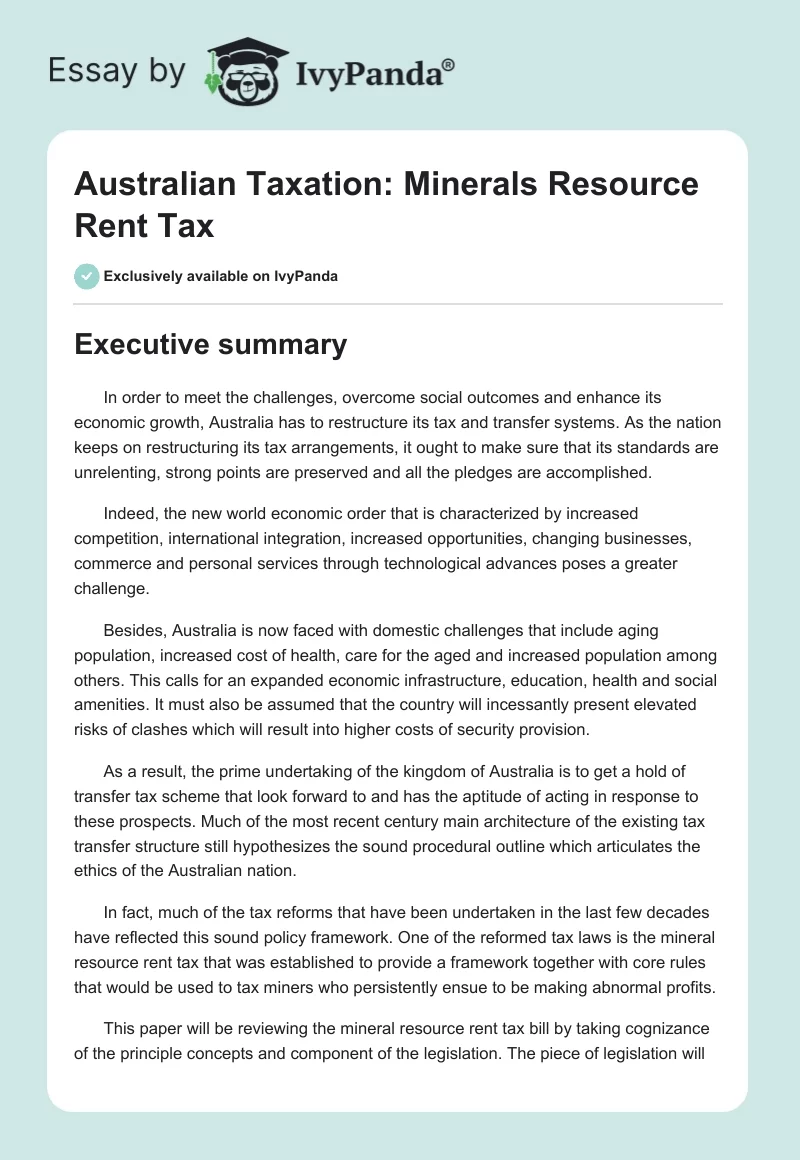 Australian Taxation: Minerals Resource Rent Tax. Page 1