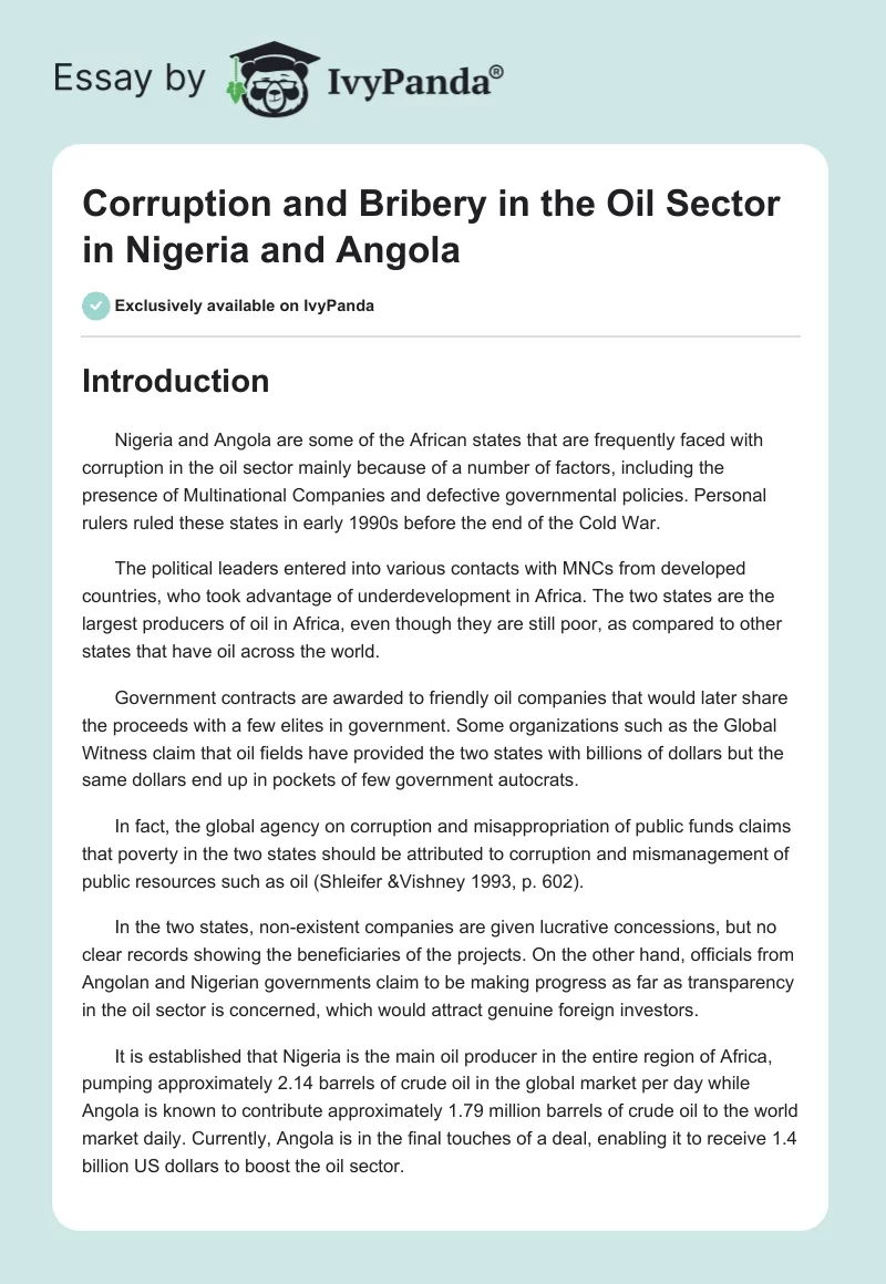 Corruption and Bribery in the Oil Sector in Nigeria and Angola. Page 1