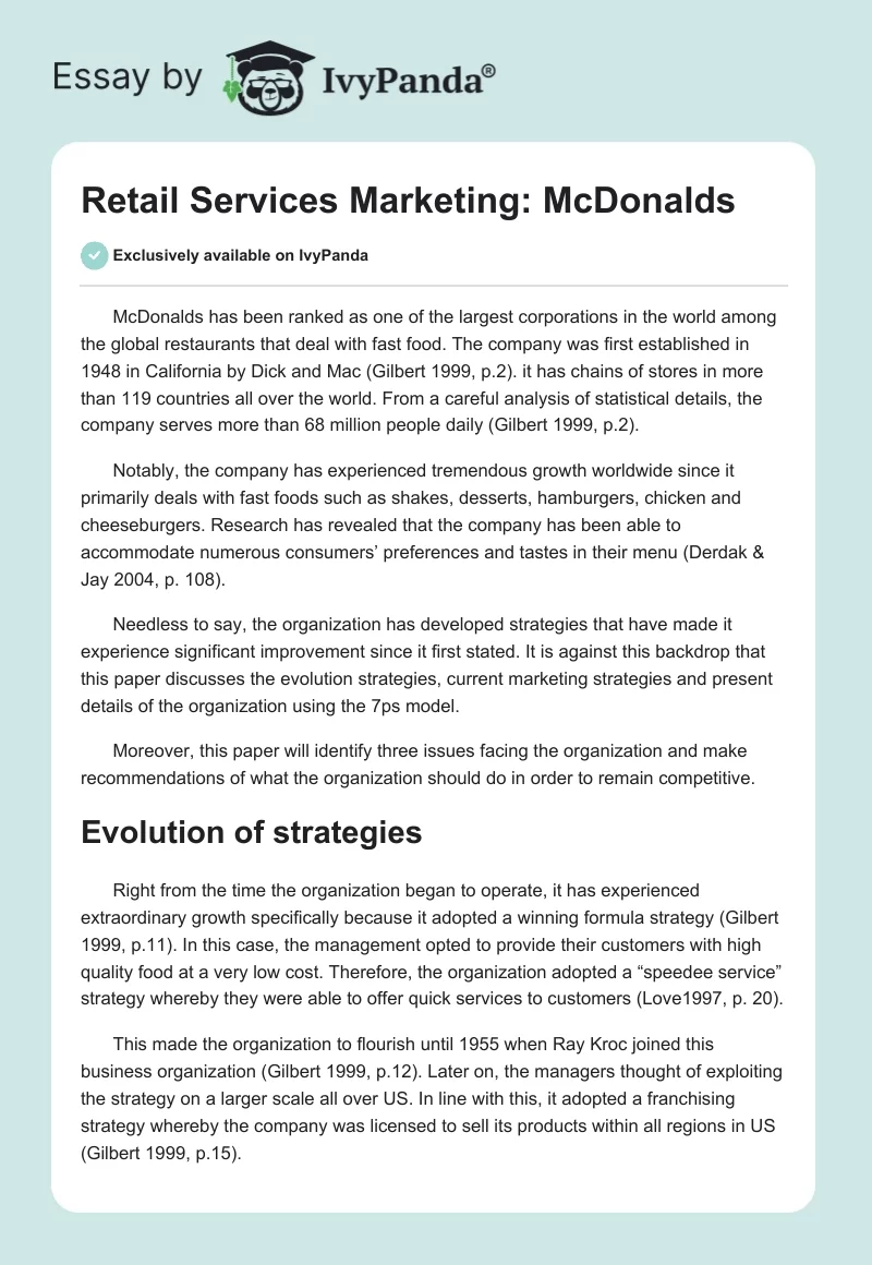 Retail Services Marketing: McDonalds. Page 1