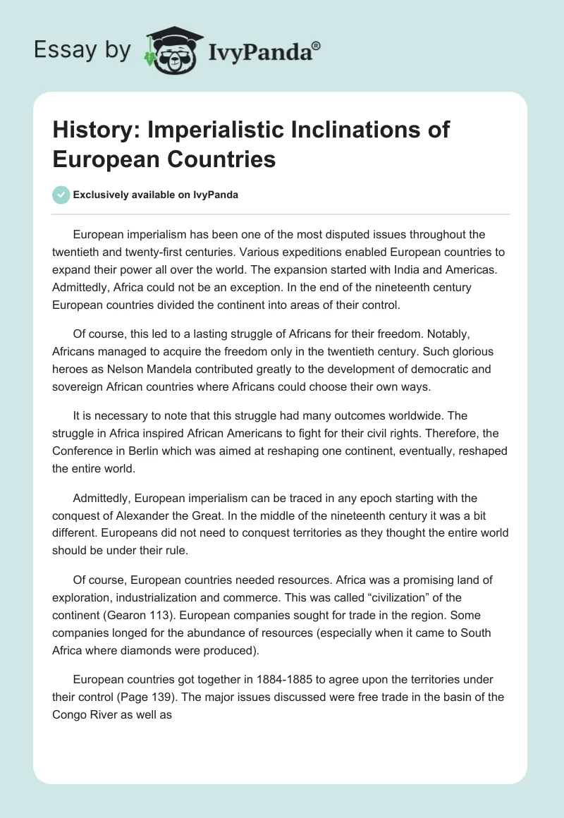 History: Imperialistic Inclinations of European Countries. Page 1