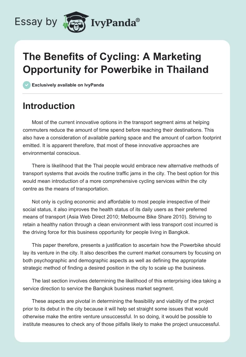 The Benefits of Cycling: A Marketing Opportunity for Powerbike in Thailand. Page 1