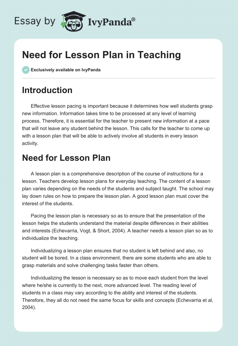 Need for Lesson Plan in Teaching. Page 1