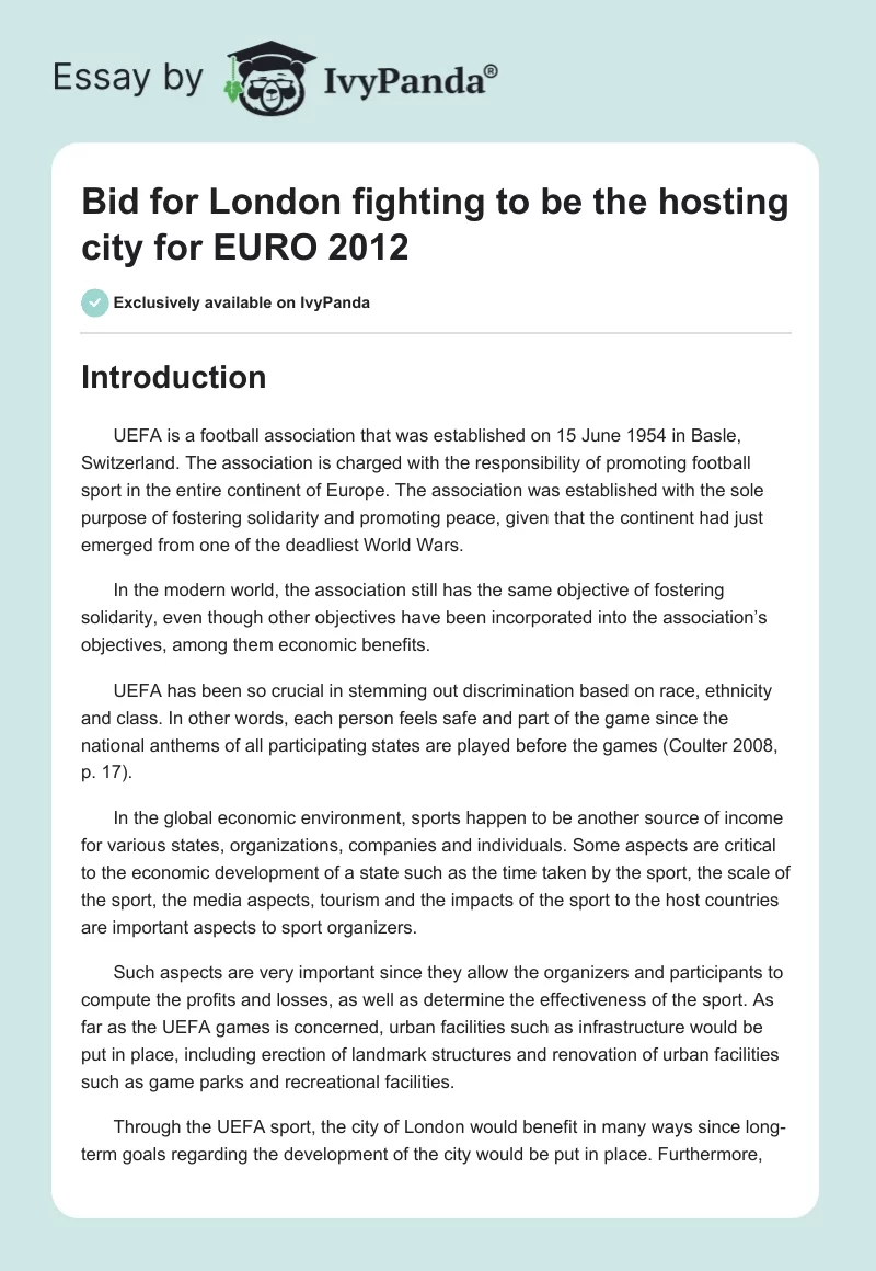 Bid for London fighting to be the hosting city for EURO 2012. Page 1