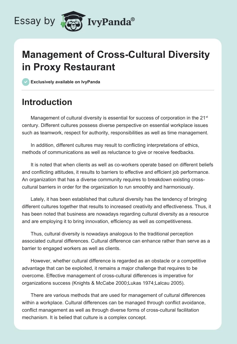 Management of Cross-Cultural Diversity in Proxy Restaurant. Page 1