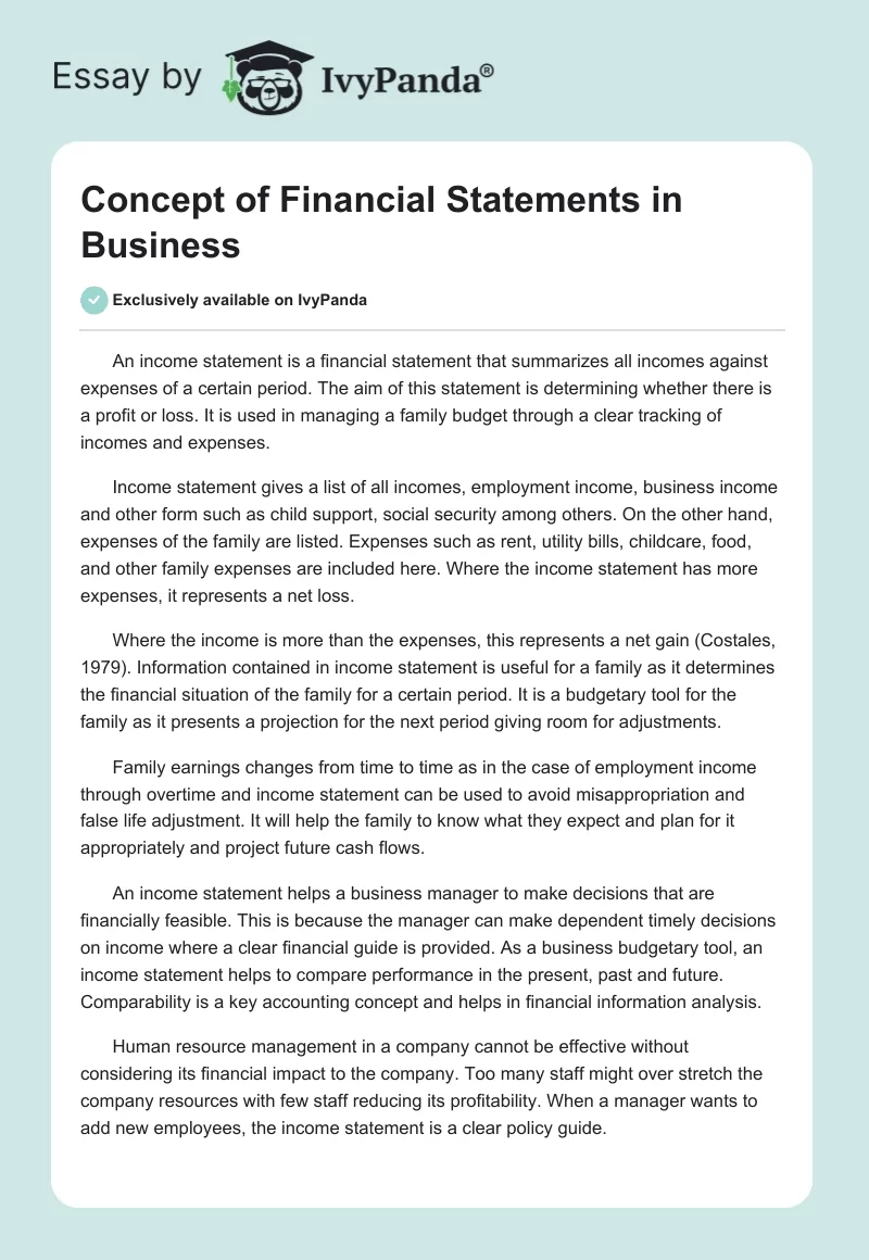 Concept of Financial Statements in Business. Page 1