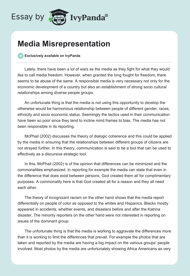 Media Misrepresentation. Page 1