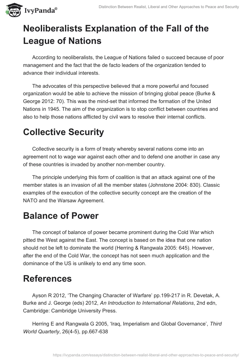 Distinction Between Realist, Liberal and Other Approaches to Peace and Security. Page 4
