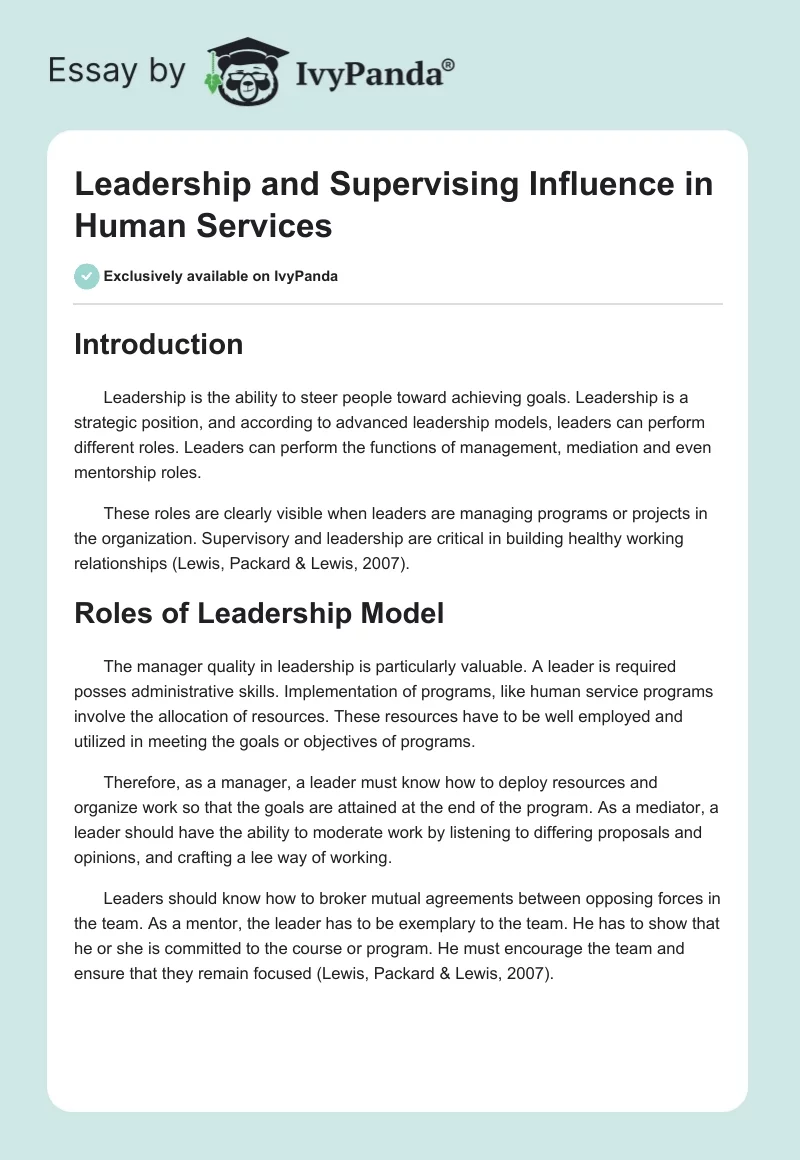 Leadership and Supervising Influence in Human Services. Page 1