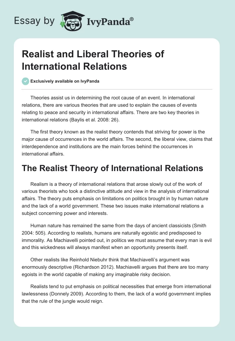 Realist and Liberal Theories of International Relations. Page 1