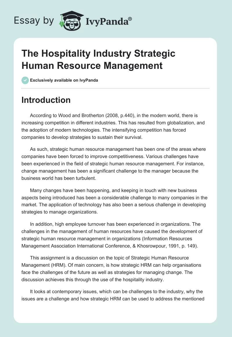 The Hospitality Industry Strategic Human Resource Management. Page 1