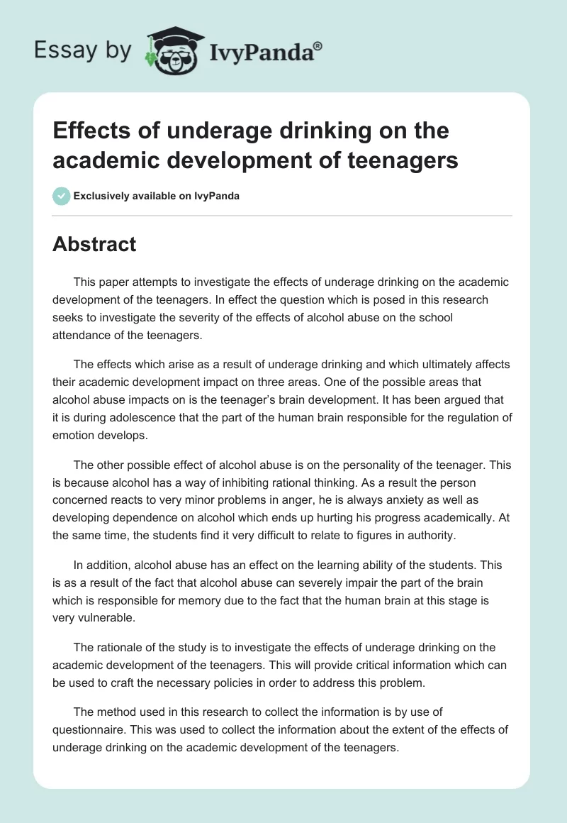 Effects of Underage Drinking on the Academic Development of Teenagers. Page 1