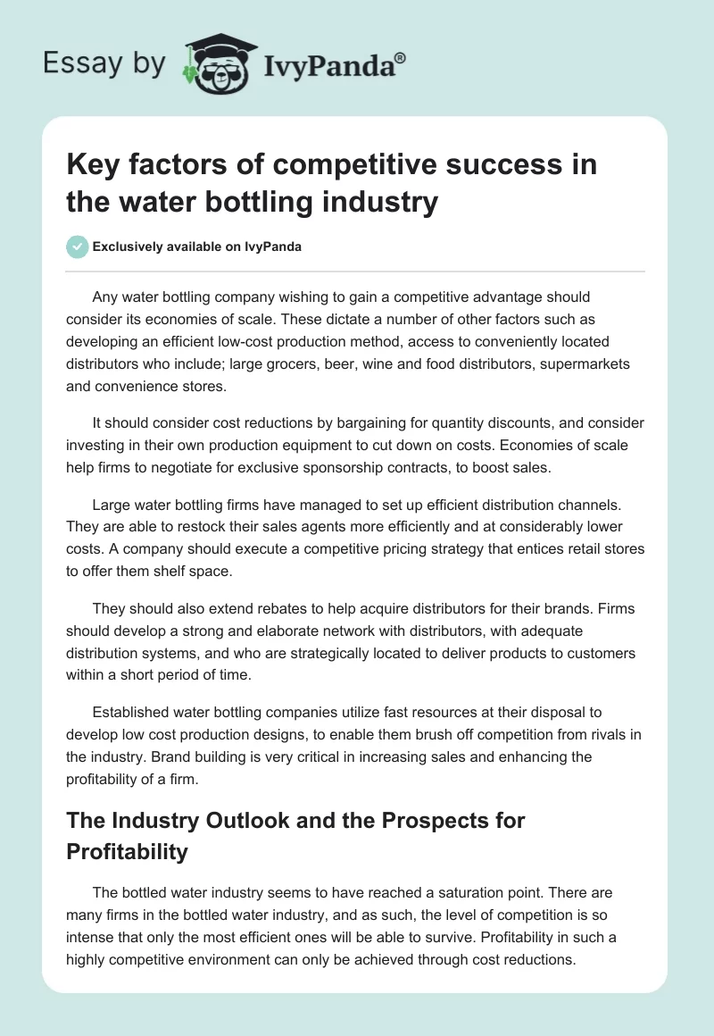 Key Factors of Competitive Success in the Water Bottling Industry. Page 1