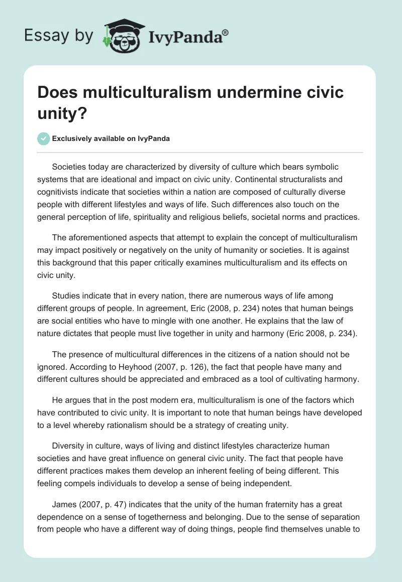 Does multiculturalism undermine civic unity?. Page 1