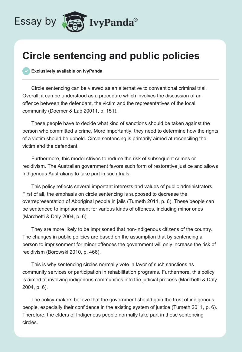 Circle sentencing and public policies. Page 1