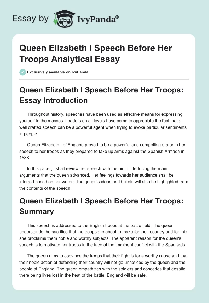 Queen Elizabeth I Speech Before Her Troops Analytical Essay. Page 1