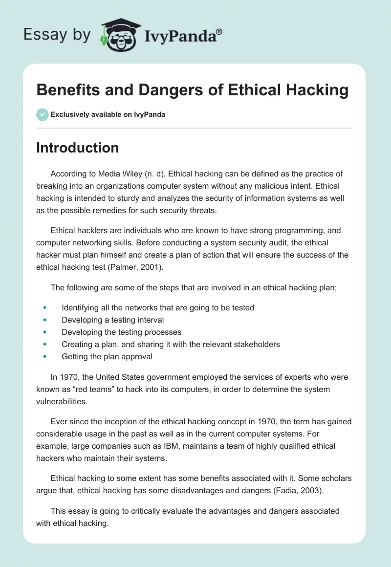 Benefits and Dangers of Ethical Hacking. Page 1