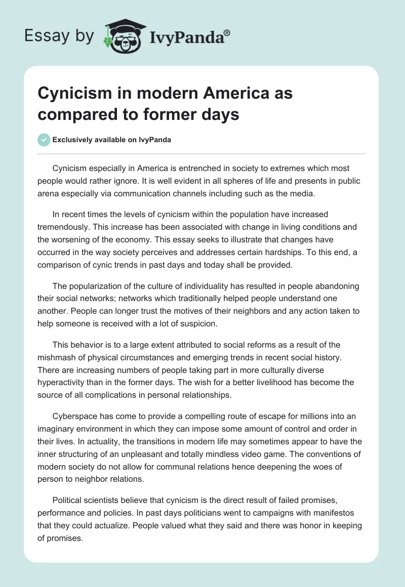 Cynicism in modern America as compared to former days. Page 1
