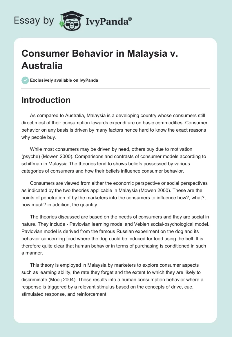 Consumer Behavior in Malaysia v. Australia. Page 1