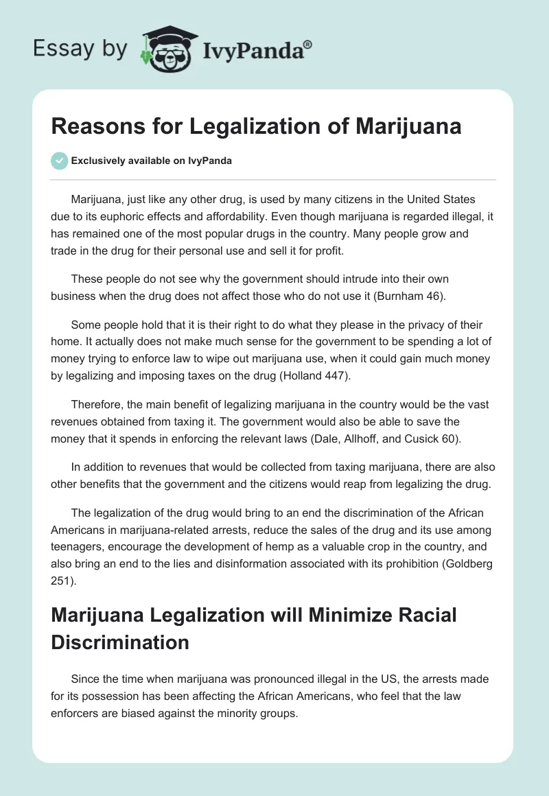 Reasons for Legalization of Marijuana. Page 1