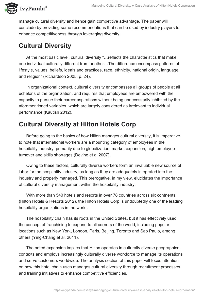 Managing Cultural Diversity: A Case Analysis of Hilton Hotels Corporation. Page 2