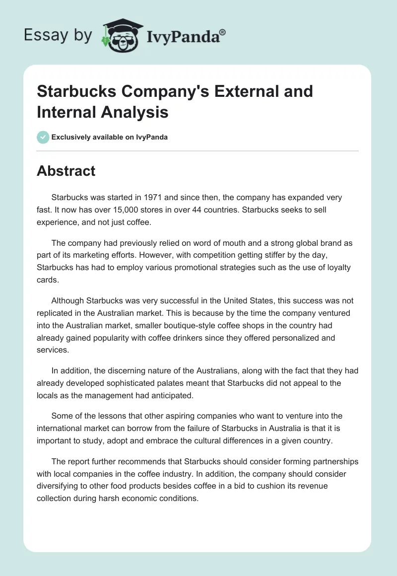 External and Internal Analysis of Starbucks. Page 1