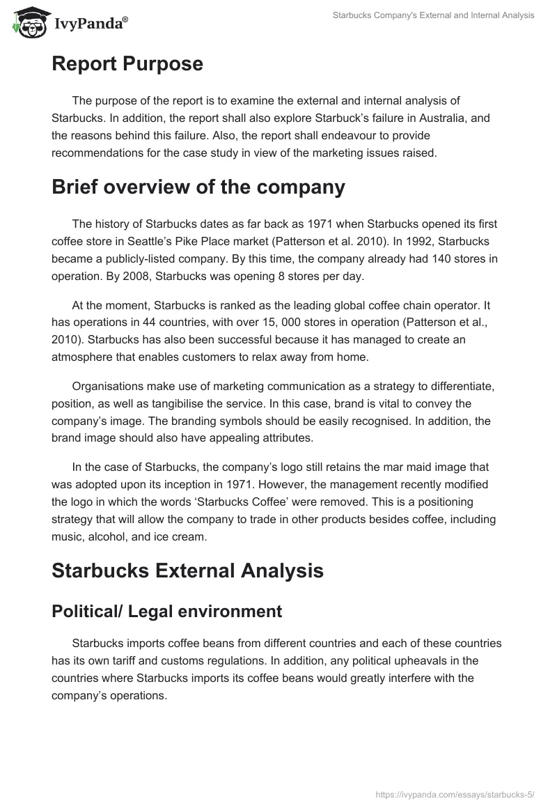 External and Internal Analysis of Starbucks. Page 2
