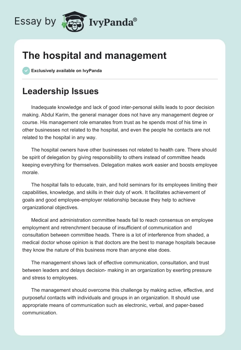The Hospital and Management. Page 1