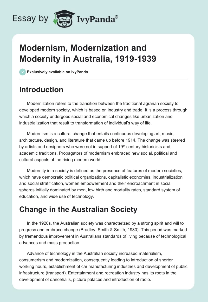 Modernism, Modernization and Modernity in Australia, 1919-1939. Page 1
